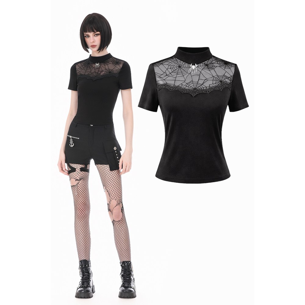 Dark in Love - Gothic Black Short Sleeve with Sheer Spiderweb Mesh and Silver Spider Ornament Top - Black